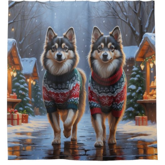 Finnish Lapphund Dogs Christmas Snow Holiday シャワーカーテン (正面)