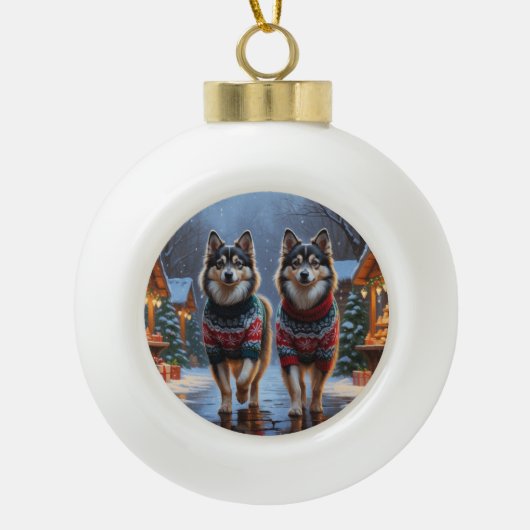 Finnish Lapphund Dogs Christmas Snow Holiday セラミックボールオーナメント (正面)