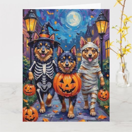 Finnish Lapphund Dogs Trick-or-Treating Halloween カード (黄色い花)