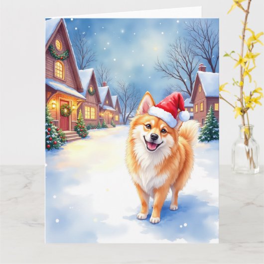 Finnish Lapphund Snowy Village Santa Hat Christmas カード (黄色い花)
