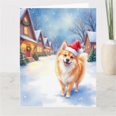 Finnish Lapphund Snowy Village Santa Hat Christmas カード (正面)