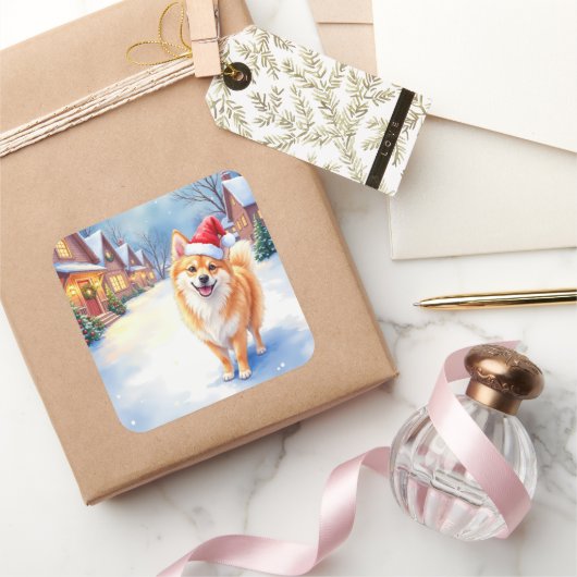 Finnish Lapphund Snowy Village Santa Hat Christmas スクエアシール (ギフト)