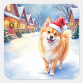 Finnish Lapphund Snowy Village Santa Hat Christmas スクエアシール (正面)
