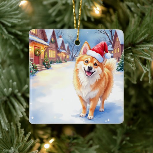 Finnish Lapphund Snowy Village Santa Hat Christmas セラミックオーナメント (ツリー)