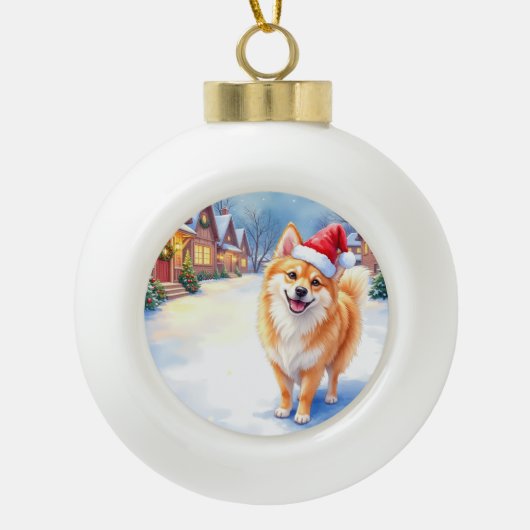 Finnish Lapphund Snowy Village Santa Hat Christmas セラミックボールオーナメント (正面)