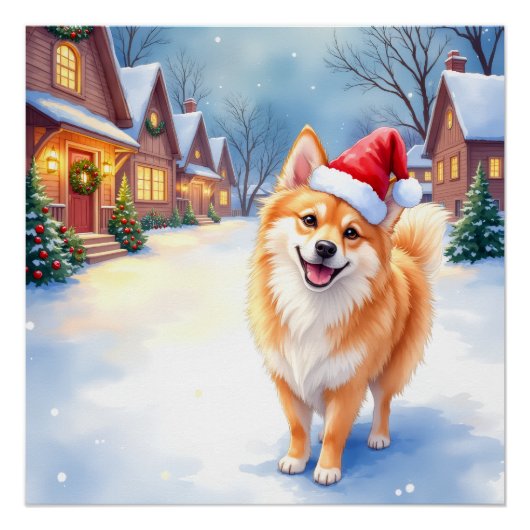 Finnish Lapphund Snowy Village Santa Hat Christmas ポスター (正面)