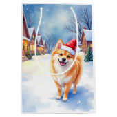 Finnish Lapphund Snowy Village Santa Hat Christmas ミディアムペーパーバッグ (正面)