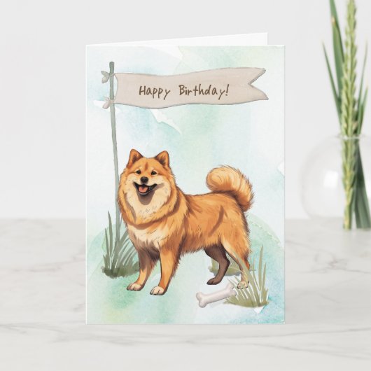 Finnish Spitz Dog Outdoors Under Birthday Sign カード (正面)