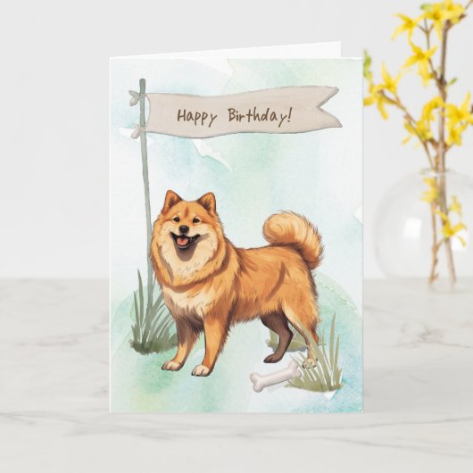 Finnish Spitz Dog Outdoors Under Birthday Sign カード (黄色い花)