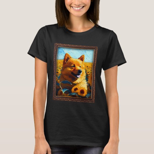 Finnish Spitz Painting Sunflower Flower Mom Women  Tシャツ (正面)