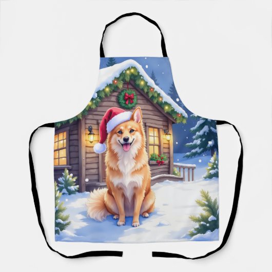 Finnish Spitz Snowy Cabin Santa Hat Christmas Art エプロン (正面)