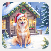 Finnish Spitz Snowy Cabin Santa Hat Christmas Art スクエアシール (正面)