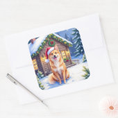 Finnish Spitz Snowy Cabin Santa Hat Christmas Art スクエアシール (封筒)