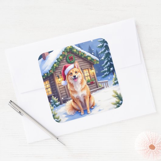 Finnish Spitz Snowy Cabin Santa Hat Christmas Art スクエアシール (封筒)