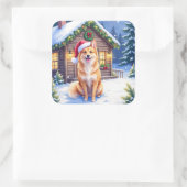 Finnish Spitz Snowy Cabin Santa Hat Christmas Art スクエアシール (バッグ)