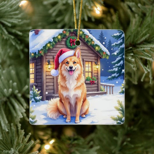 Finnish Spitz Snowy Cabin Santa Hat Christmas Art セラミックオーナメント (ツリー)