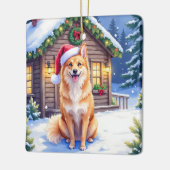 Finnish Spitz Snowy Cabin Santa Hat Christmas Art セラミックオーナメント (左)