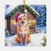 Finnish Spitz Snowy Cabin Santa Hat Christmas Art セラミックオーナメント (正面)