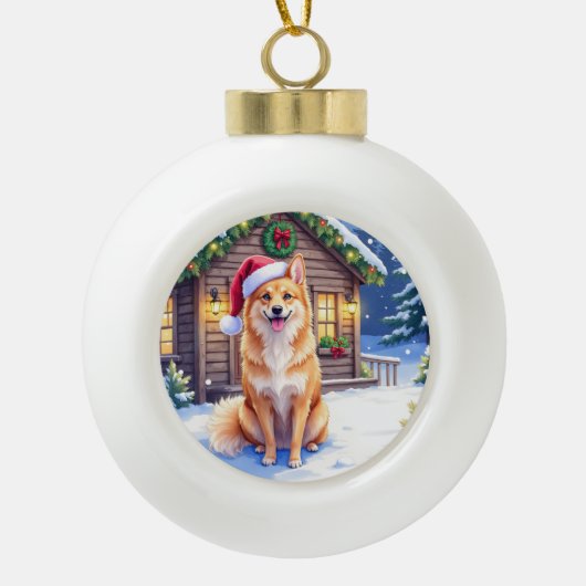 Finnish Spitz Snowy Cabin Santa Hat Christmas Art セラミックボールオーナメント (正面)