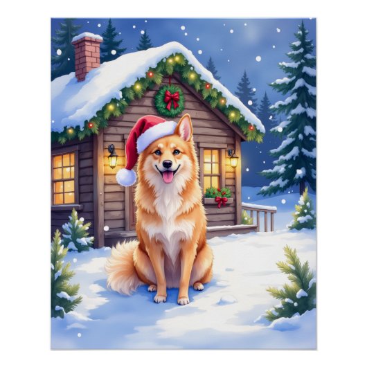 Finnish Spitz Snowy Cabin Santa Hat Christmas Art ポスター (正面)