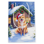 Finnish Spitz Snowy Cabin Santa Hat Christmas Art ミディアムペーパーバッグ (正面)