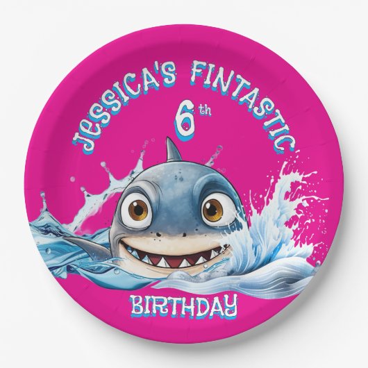Fintastic Shark Plate | Girls Pink Party ペーパープレート (正面)