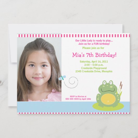 Fiona the Green Pond Frog *写真*誕生日5 x 7 招待状 (正面)