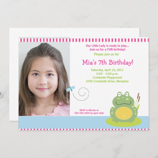 Fiona the Green Pond Frog *写真*誕生日5 x 7 招待状 (正面/裏面)