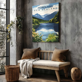 Fiordland New Zealand Travel Poster Canvas Art キャンバスプリント