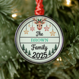 Fir Trees Stars Family Name 2025 Christmas メタルオーナメント