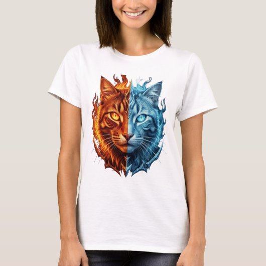 Fire and Ice Cat – Split Elemental Cat Face | Tシャツ (正面)