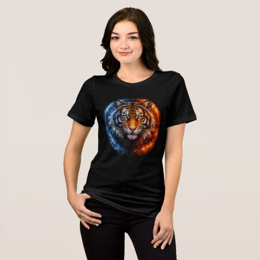 Fire and Ice Tiger – Elemental Fantasy Art トライブレンドTシャツ (正面全面)
