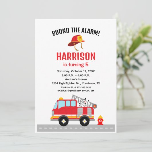Fire fighter Fire Engine Birthday Invitation 招待状 (スタンド正面)