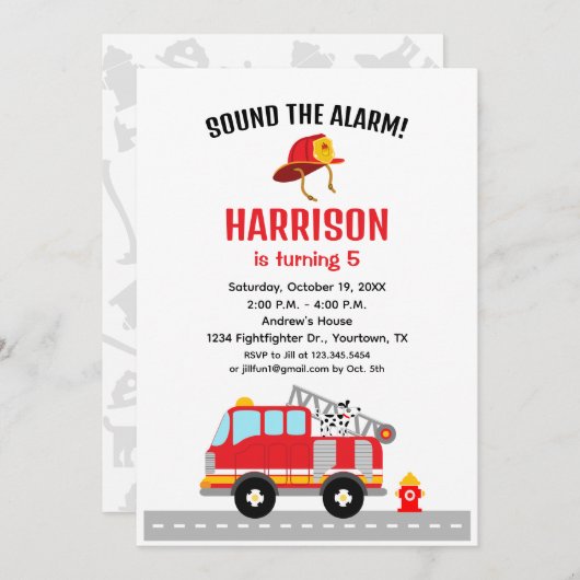 Fire fighter Fire Engine Birthday Invitation 招待状 (正面/裏面)