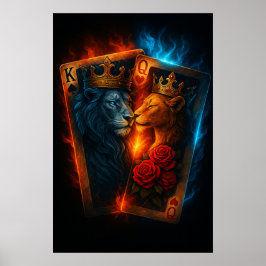 Fire & Ice Lions — Epic King & Queen Card Art ポスター