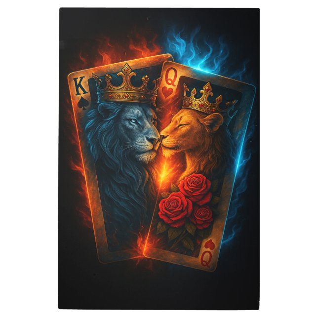 Fire & Ice Lions — Epic King & Queen Card Art メタルプリント (正面)