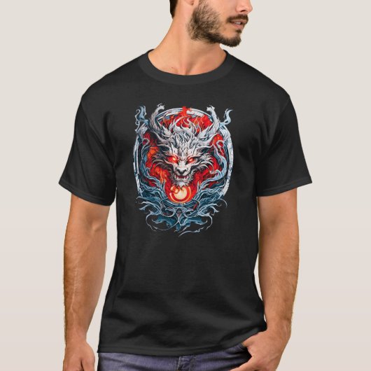 Fire Red Flame Mythical Dragon Head Tシャツ (正面)