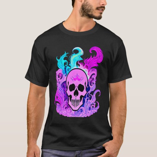 Fire Skull Smoke Pink Skeleton Flames Tシャツ (正面)