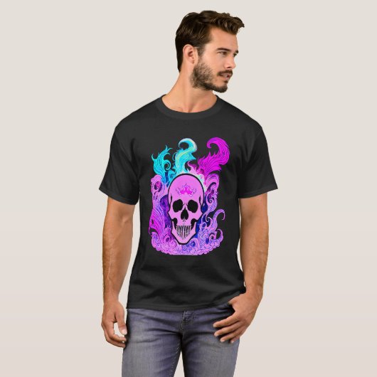 Fire Skull Smoke Pink Skeleton Flames Tシャツ (正面フル)