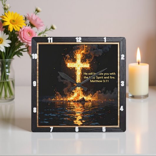 Fire Smoke Cross Baptism Spirit Matthew 3:11 スクエア壁時計