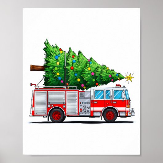 Fire Truck Christmas Tree Xmas Lights Firefighter  ポスター (正面)