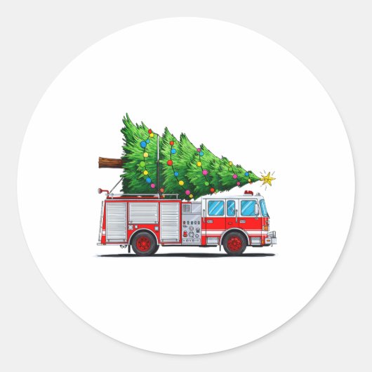 Fire Truck Christmas Tree Xmas Lights Firefighter  ラウンドシール (正面)
