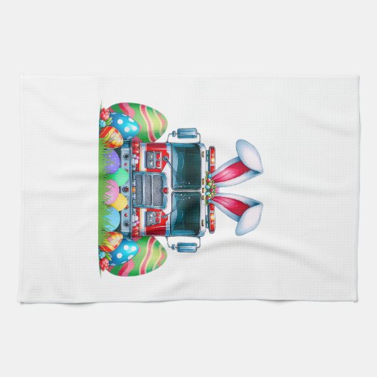 Fire Truck Easter Bunny Ears Firefighter Easter Eg キッチンタオル (横)