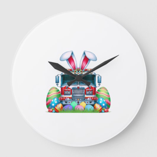 Fire Truck Easter Bunny Ears Firefighter Easter Eg ラージ壁時計 (正面)