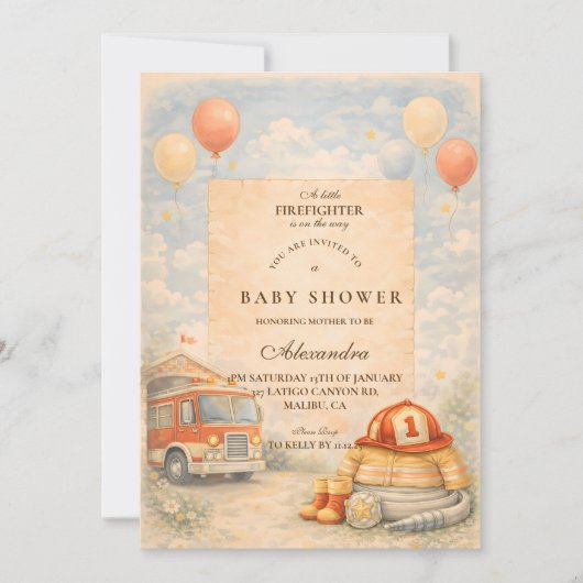 Fire Truck Firefighter Baby Shower 招待状 (正面)