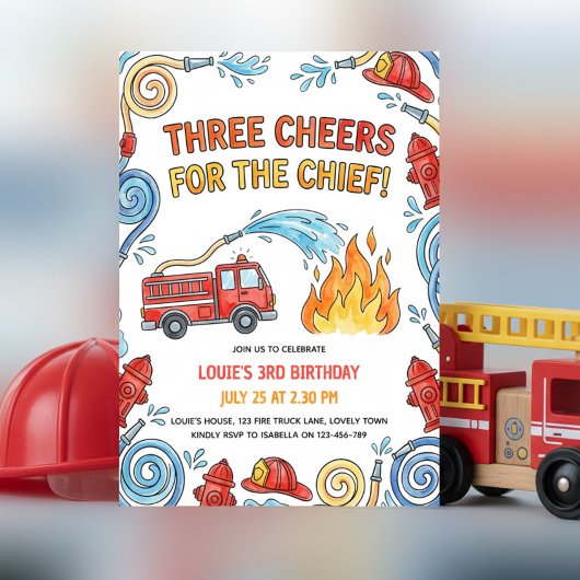 Fire Truck Three Cheers Chief Boys Birthday 招待状