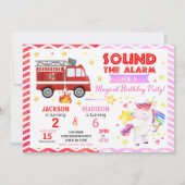 Fire Truck & Unicorn Joint Birthday Invitation 招待状 (正面)