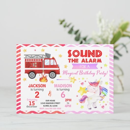 Fire Truck & Unicorn Joint Birthday Invitation 招待状 (スタンド正面)
