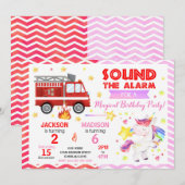 Fire Truck & Unicorn Joint Birthday Invitation 招待状 (正面/裏面)