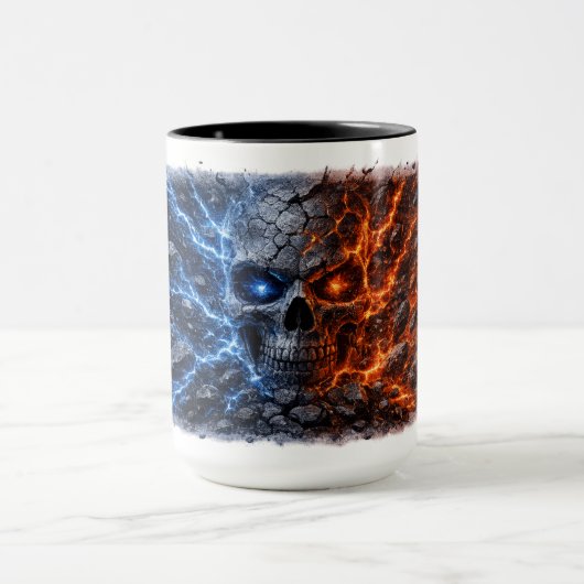 Fire vs Ice Skull – Electric Blue & Lava Red Crack マグカップ (中央)